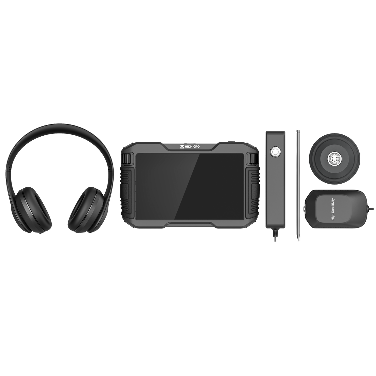 Kit detector acústico de fugas de agua Hikmicro: unidad de mano con pantalla, audífonos, sonda de contacto, varilla y dos sensores.