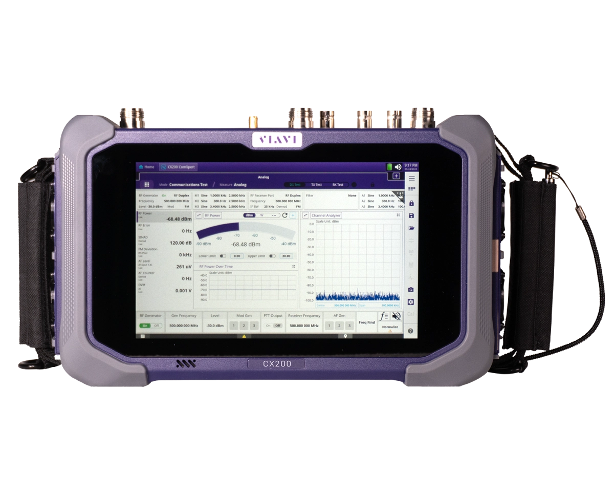 Viavi CX200 SiteXpert, vista frontal: monitor de servicio portátil con pantalla táctil de 8 pulgadas y conectores RF en el borde superior