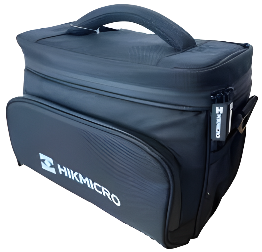 Bolso rígido de transporte Hikmicro en negro, con asa superior, cierre y logo blanco al frente.