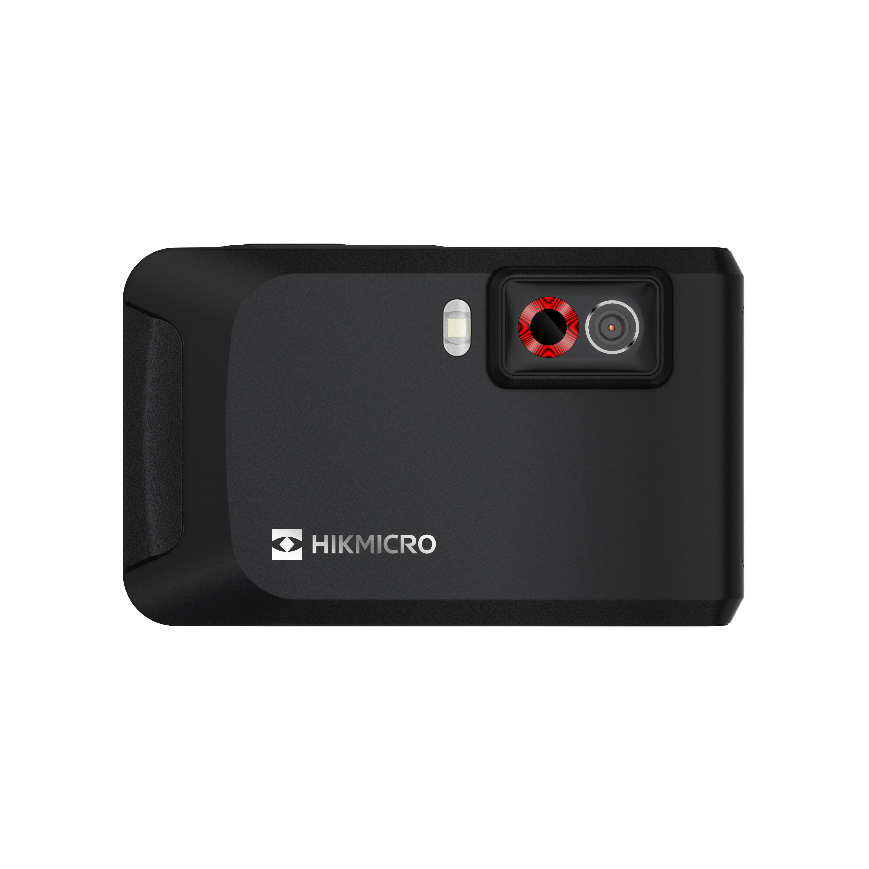 Cámara termográfica de bolsillo Hikmicro Pocket2 vista por detrás, con lente térmico de anillo rojo y linterna.
