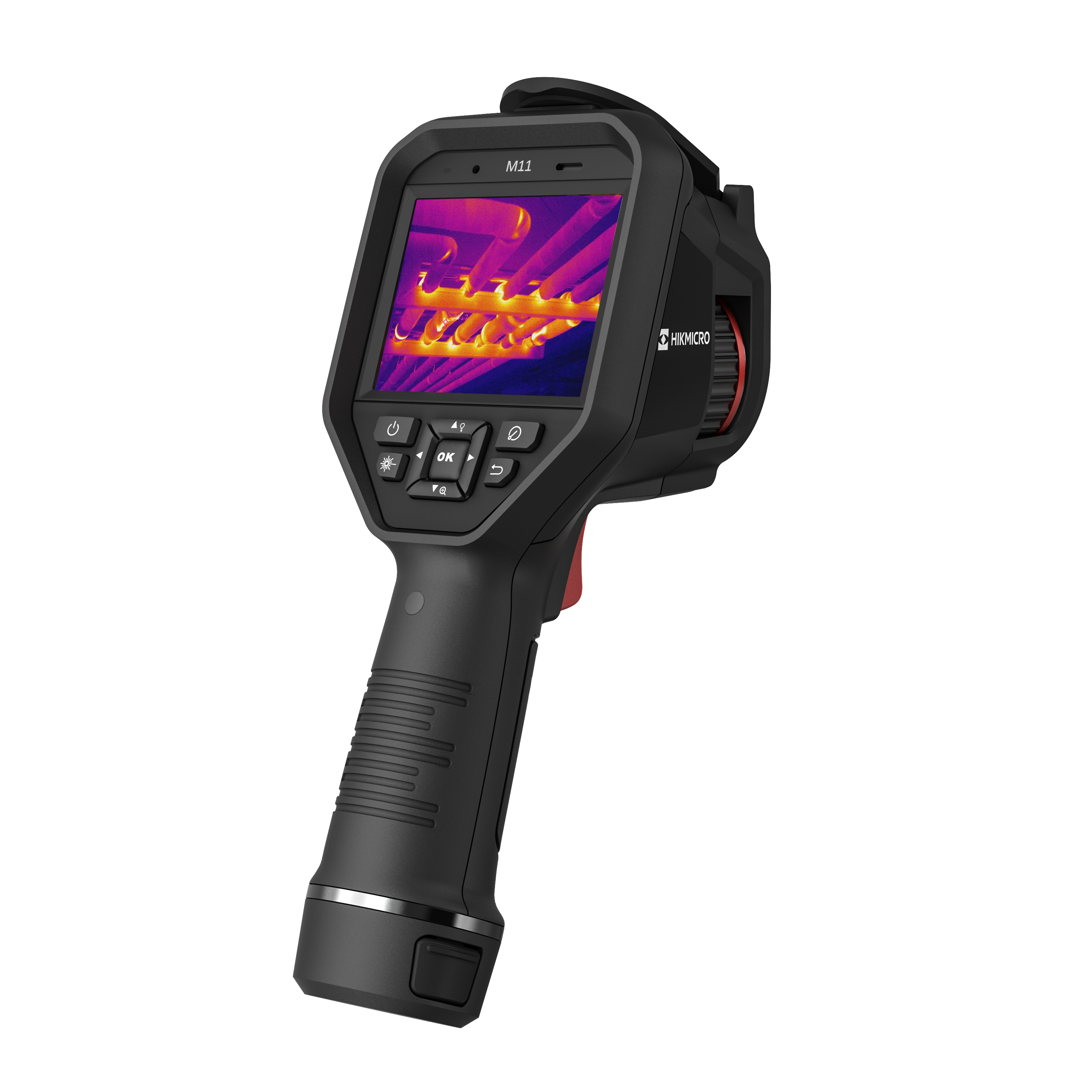 Cámara termográfica de pistola Hikmicro M11, con el termograma de un banco de tuberías calientes en pantalla.