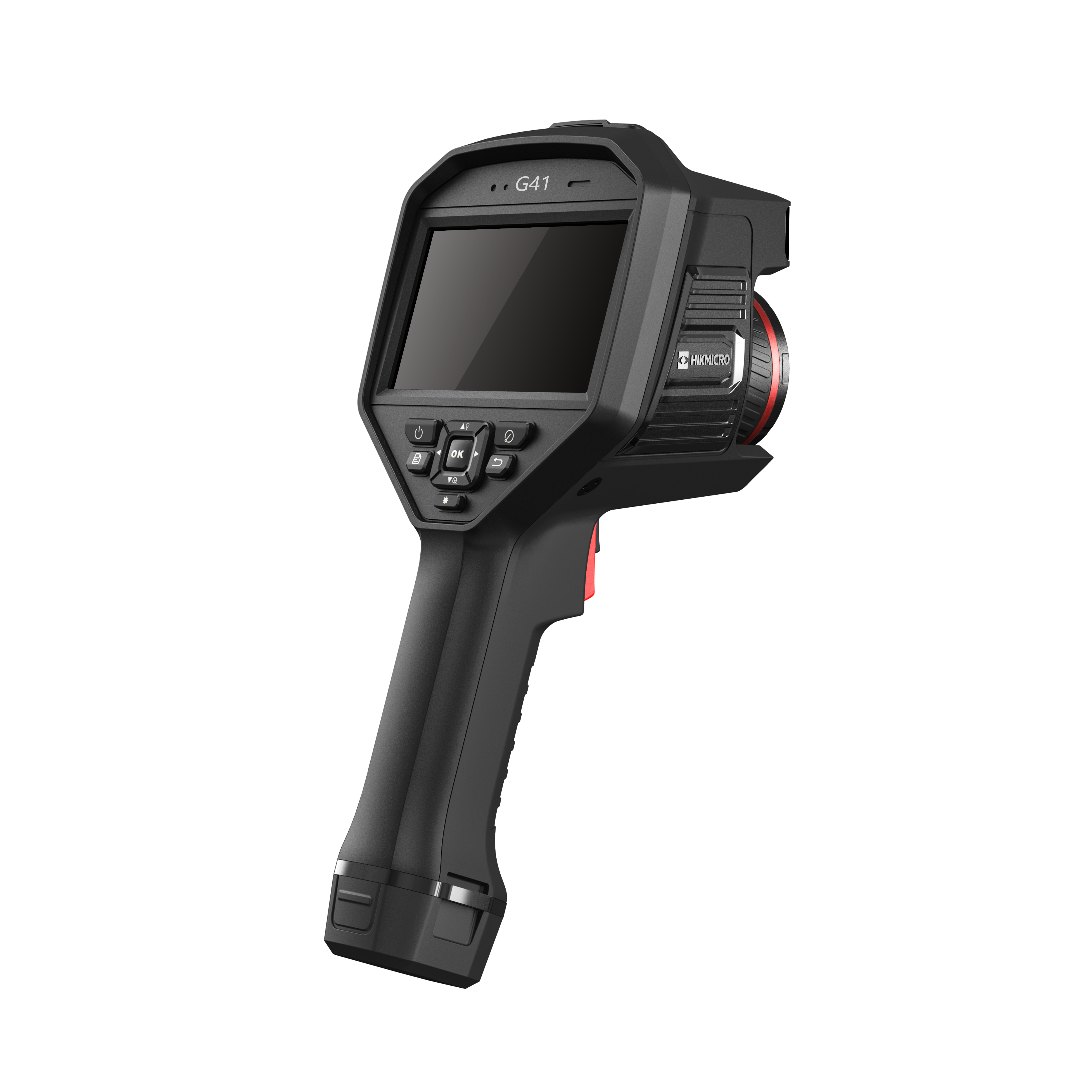 Cámara termográfica Hikmicro G41, con lente intercambiable de anillo rojo, teclado de navegación y pantalla apagada.