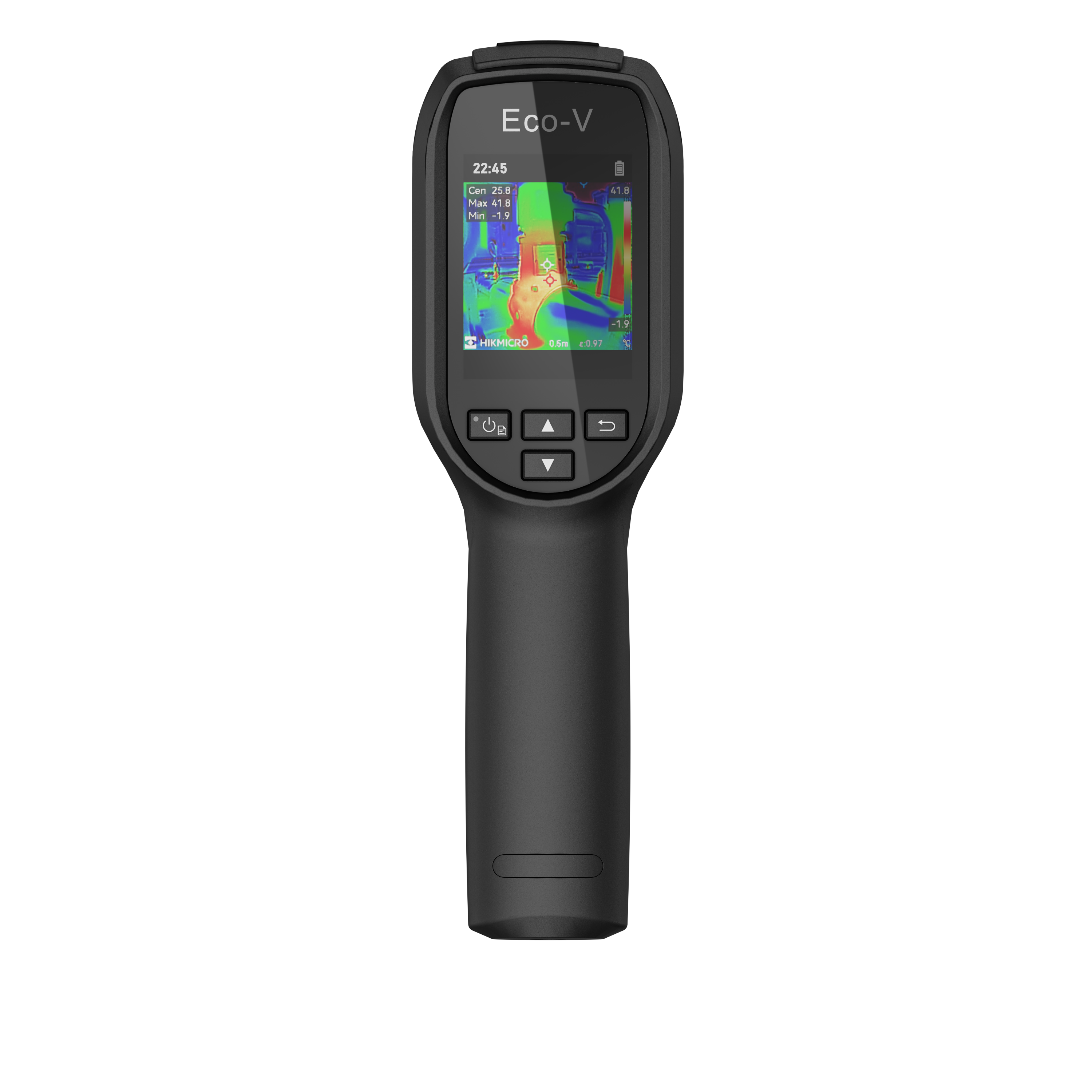 Cámara termográfica compacta Hikmicro Eco-V, con el termograma de una instalación industrial en pantalla.