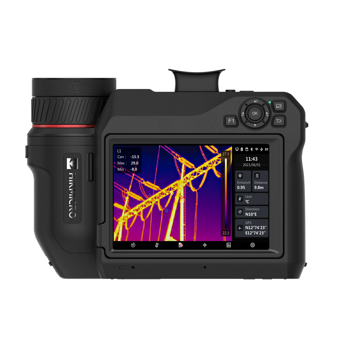 Cámara termográfica profesional Hikmicro SP60H, con lente intercambiable y termograma de líneas eléctricas.