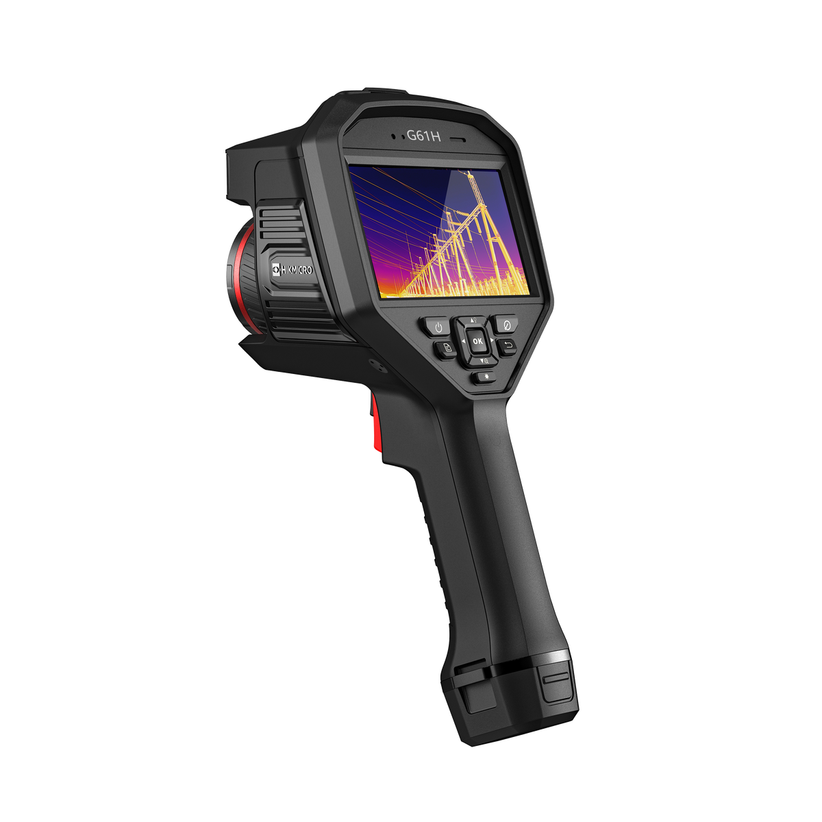 Cámara termográfica de alta temperatura Hikmicro G61H, con el termograma de una línea de transmisión en pantalla.