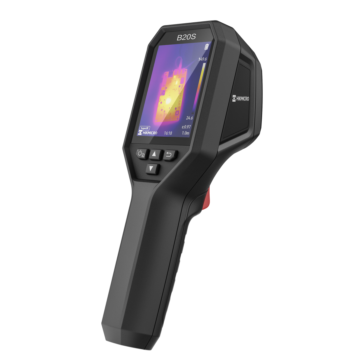 Cámara termográfica de pistola Hikmicro B20S, con el termograma de una placa electrónica en pantalla.