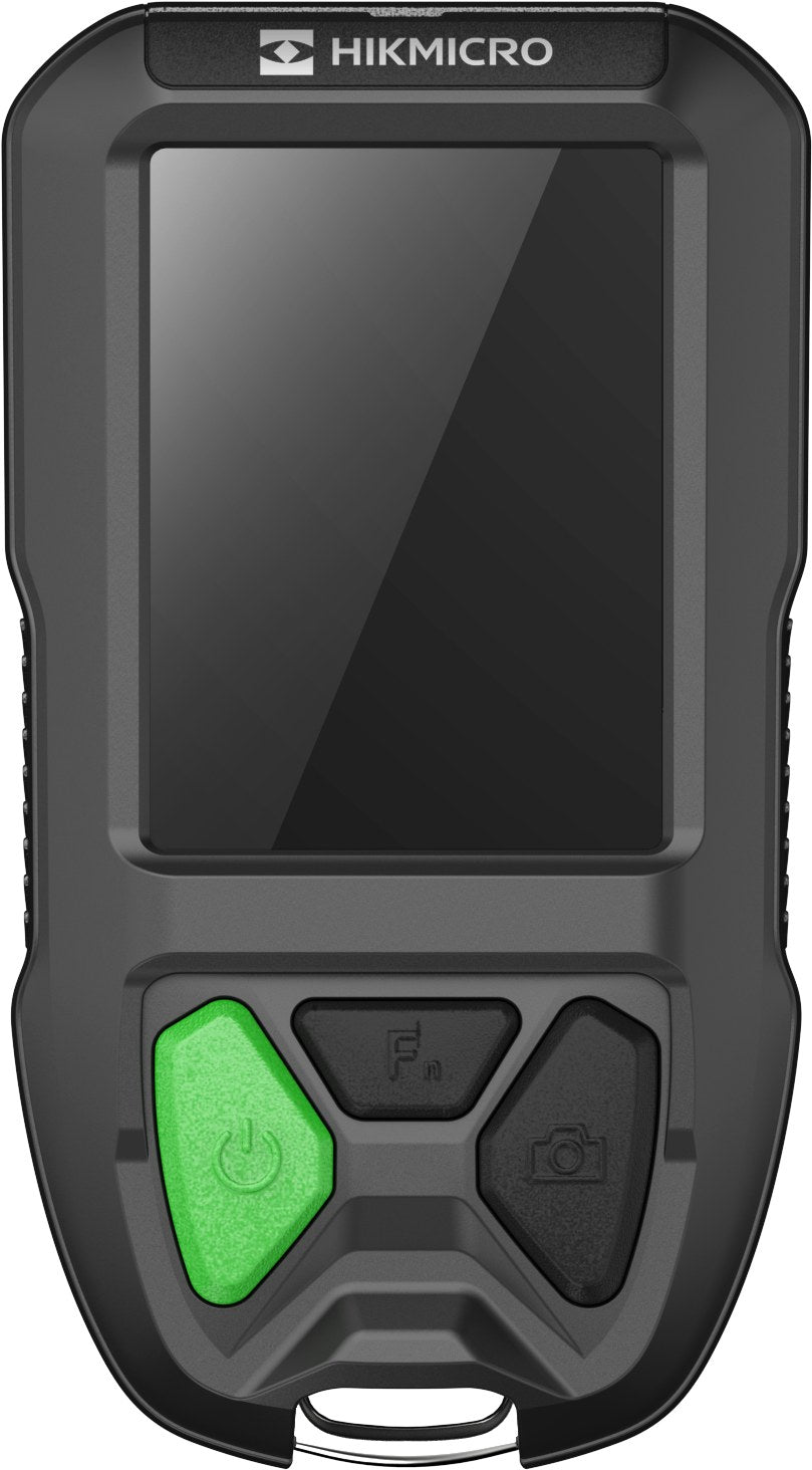 Cámara termográfica de bolsillo Hikmicro FP21 para bomberos, vista de frente, con pantalla apagada y tres botones.