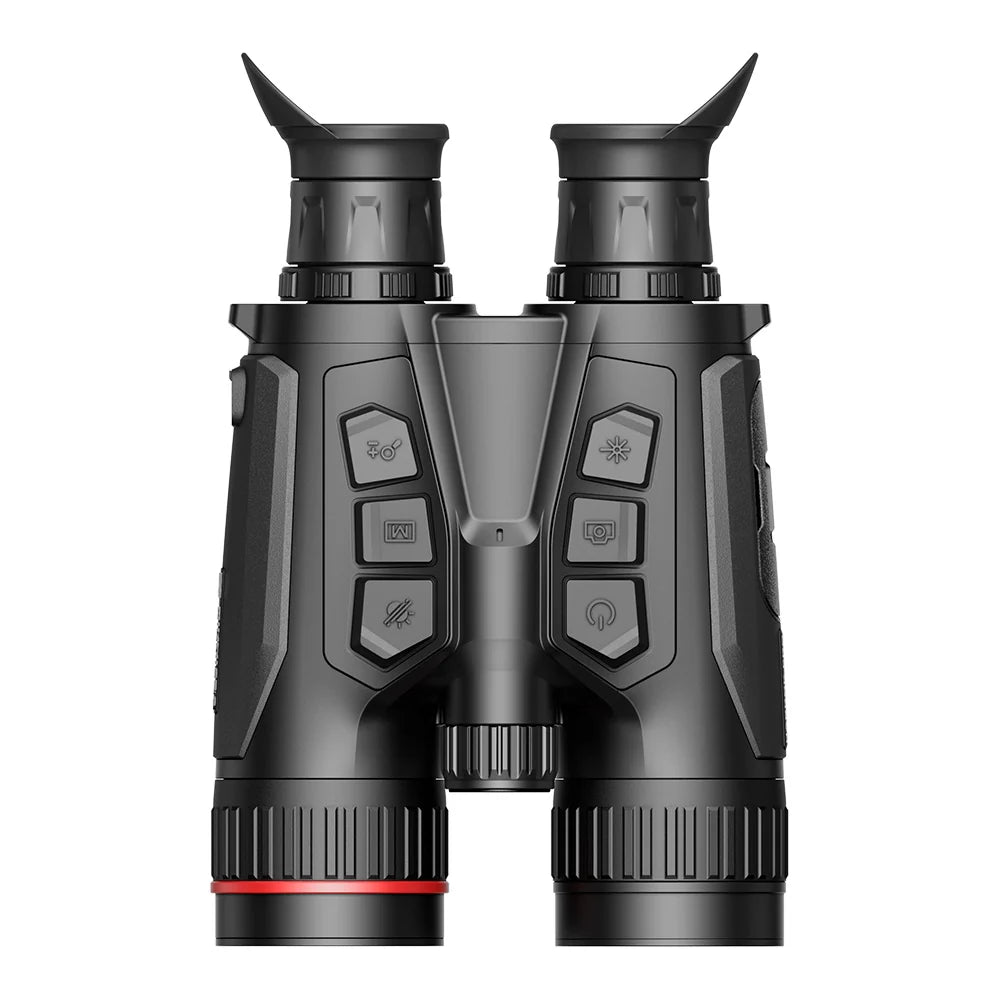 Vista superior del binocular Hikmicro HQ50L, con las seis teclas de la botonera y el aro del emisor infrarrojo entre los dos tubos.