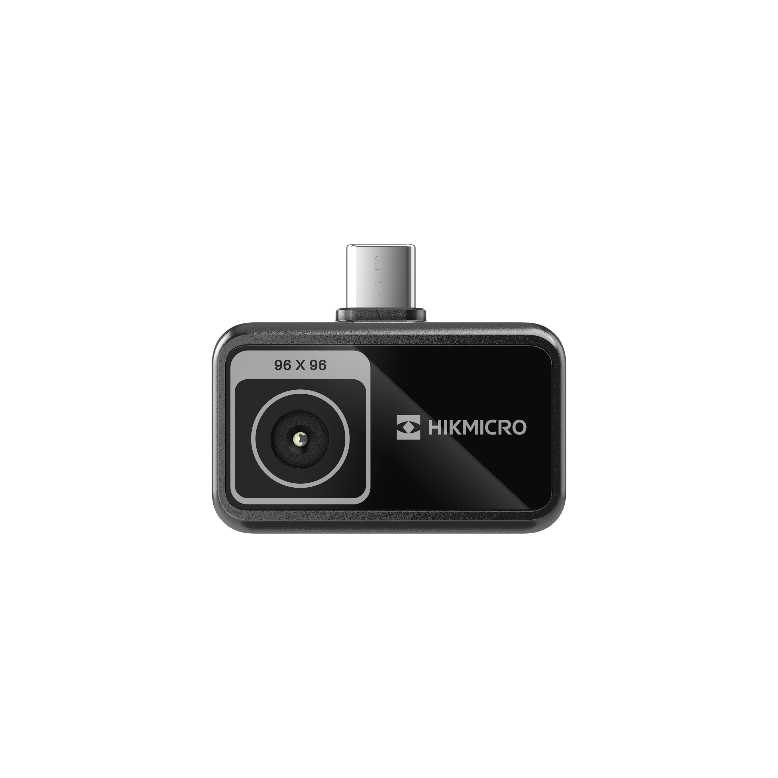 Módulo térmico Hikmicro MiniE con conector USB-C y el marcado 96 x 96 junto al lente, para smartphone.
