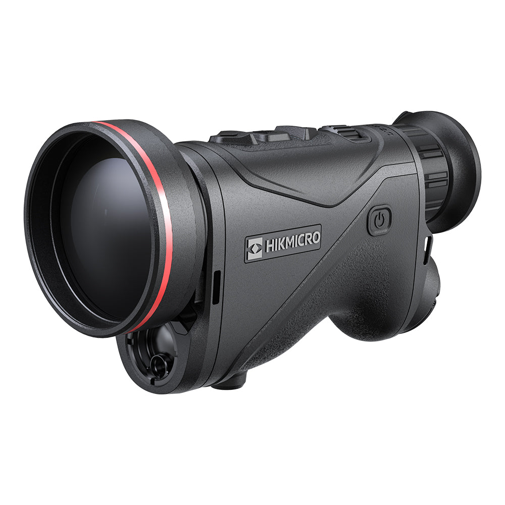 Monocular térmico Hikmicro CQ50L 2.0, con objetivo grande de anillo rojo y telémetro láser bajo la óptica.