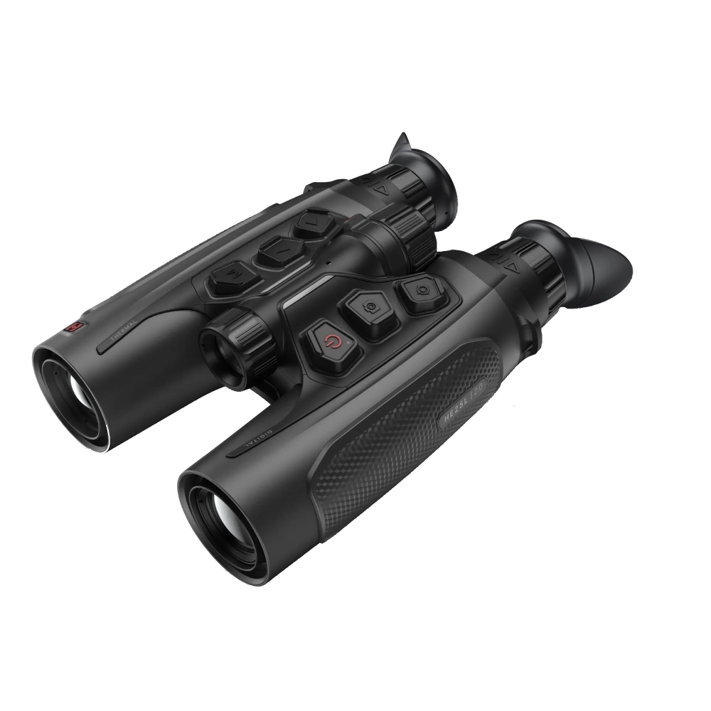 Binocular térmico multiespectral Hikmicro HE25L 2.0 visto desde arriba, con oculares de goma y anillos de enfoque.