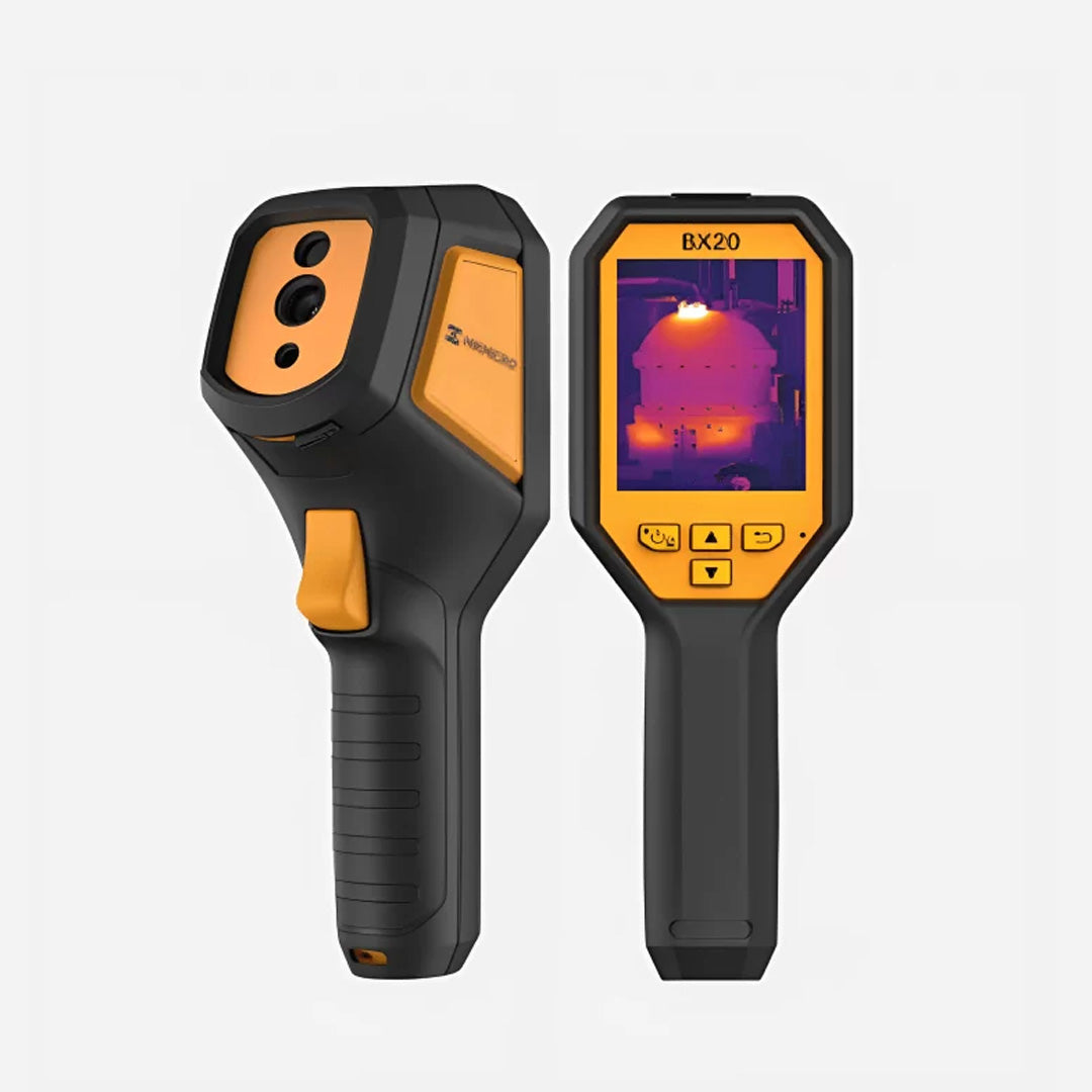 Cámara termográfica antiexplosión Hikmicro BX20 en amarillo y negro, vista de frente y por detrás con termograma.