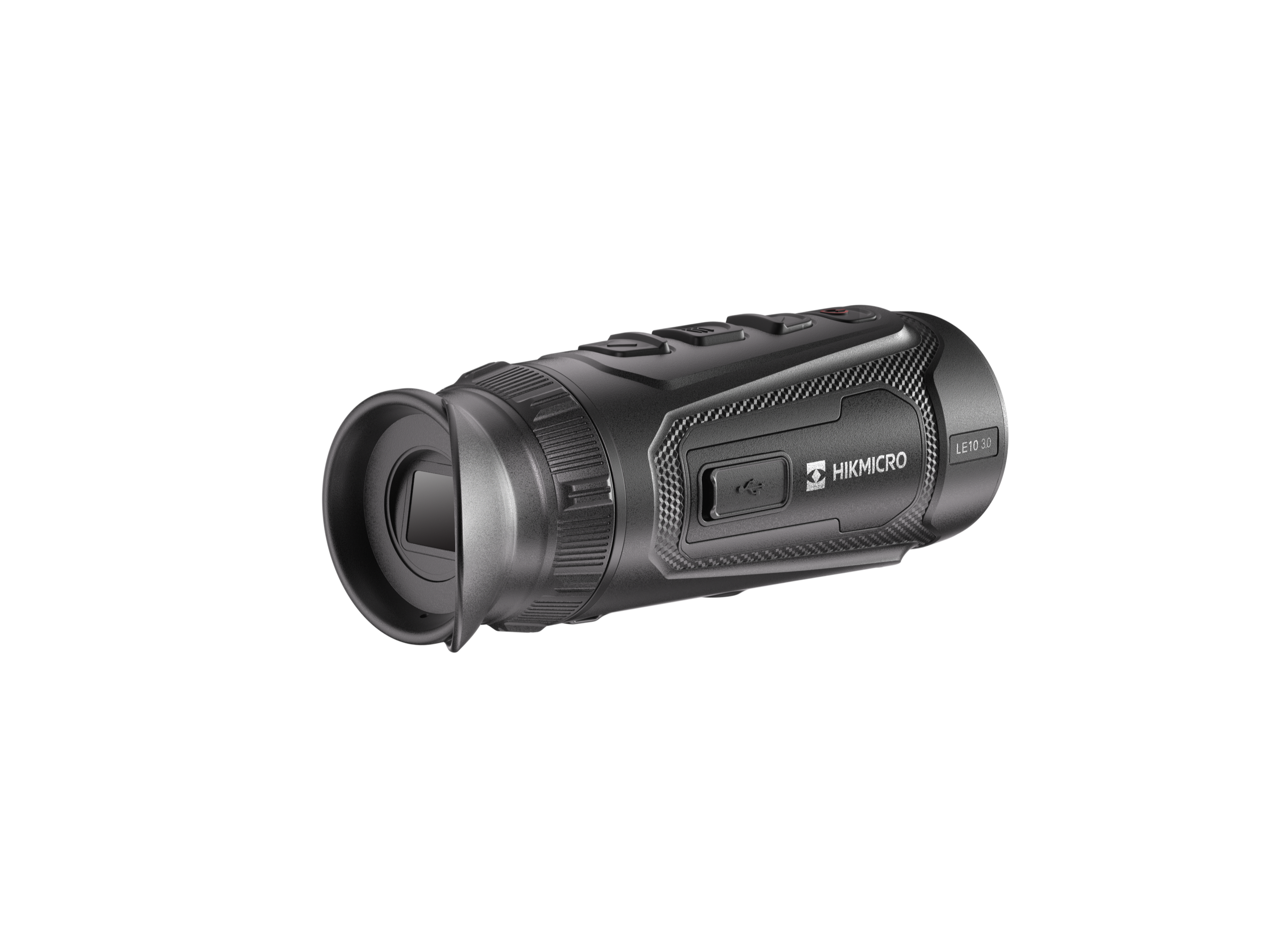 Monocular térmico Hikmicro LE10 3.0 de la línea Lynx, visto por el ocular de goma, con anillo de dioptría.