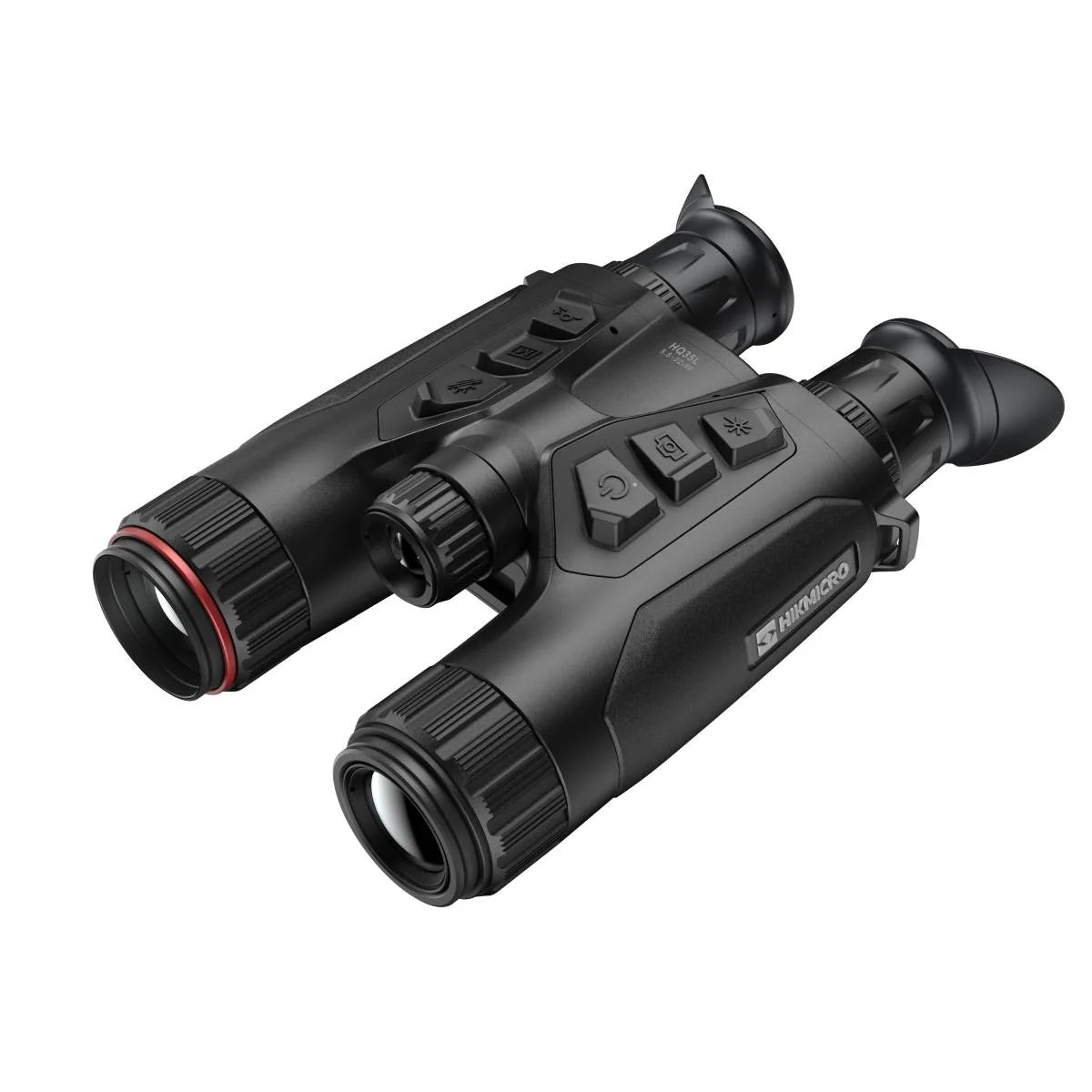 Binocular multiespectral Hikmicro HQ35L 5.5-22x60 en vista de tres cuartos, con el anillo rojo del canal térmico y la ventana del telémetro, sobre fondo claro.