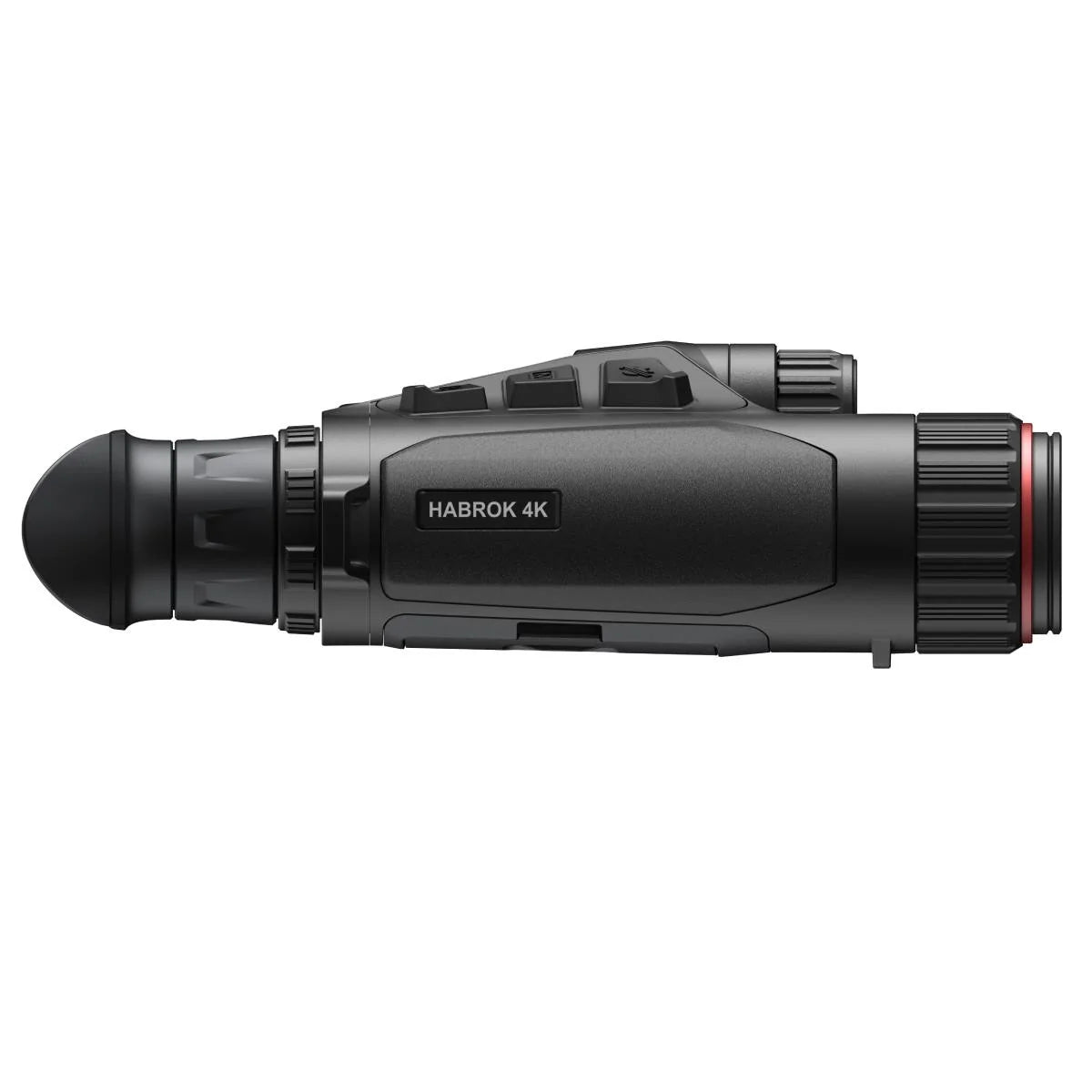 Perfil lateral del binocular Hikmicro HQ35L 5.5-22x60, con el anillo rojo del canal térmico y la placa HABROK 4K en el costado.