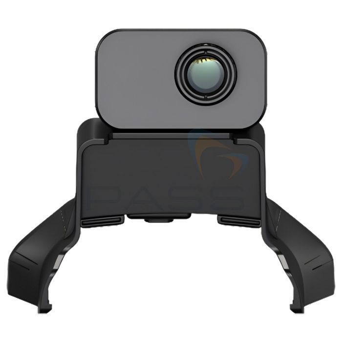 Módulo térmico Hikmicro Mini3R montado en un soporte de sujeción, con el lente a la vista sobre fondo blanco.