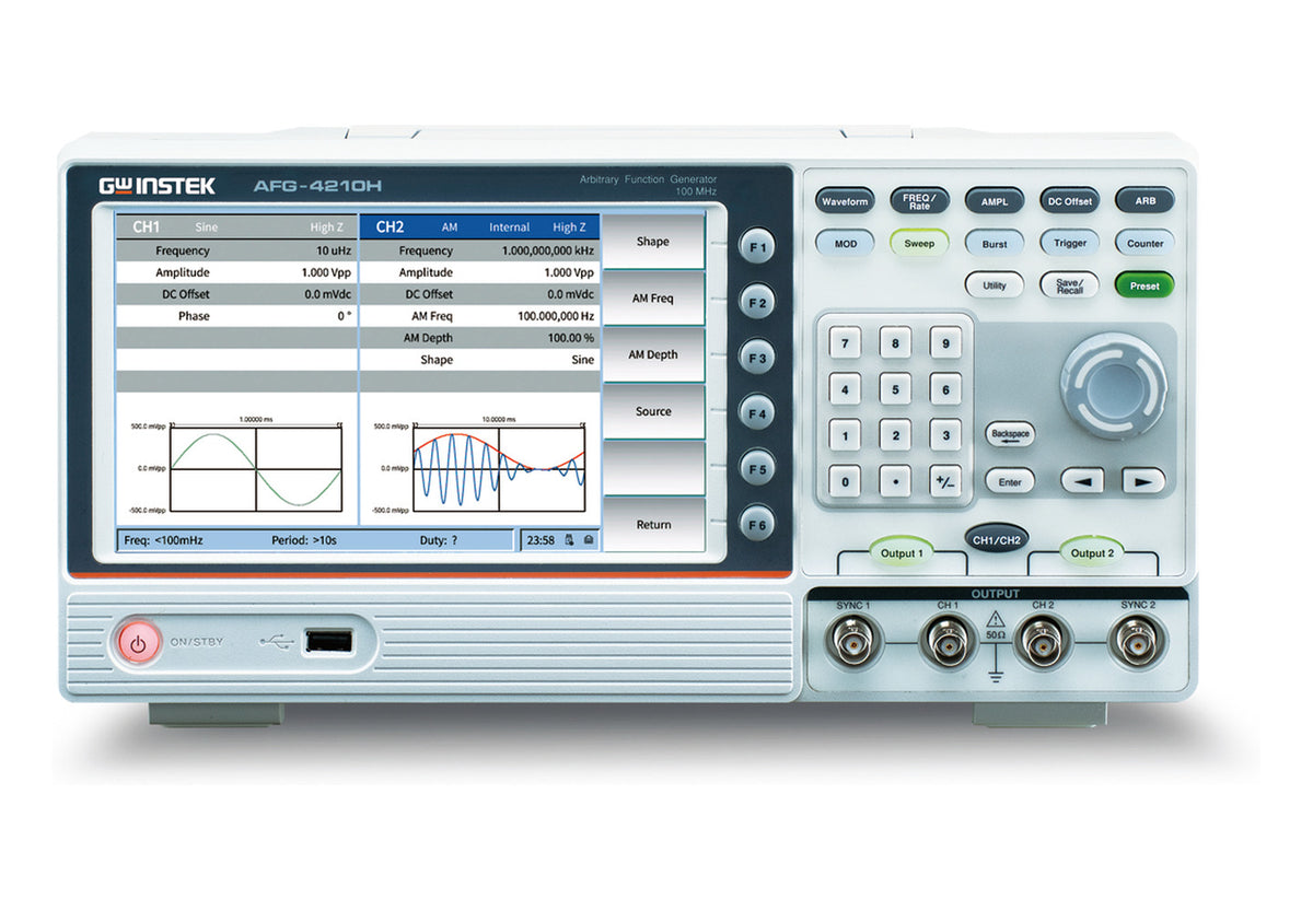 Generador de funciones arbitrarias GW Instek AFG-4210H visto de frente, con pantalla a color mostrando los canales 1 y 2 activos, teclado numérico, perilla de ajuste y cuatro salidas BNC.