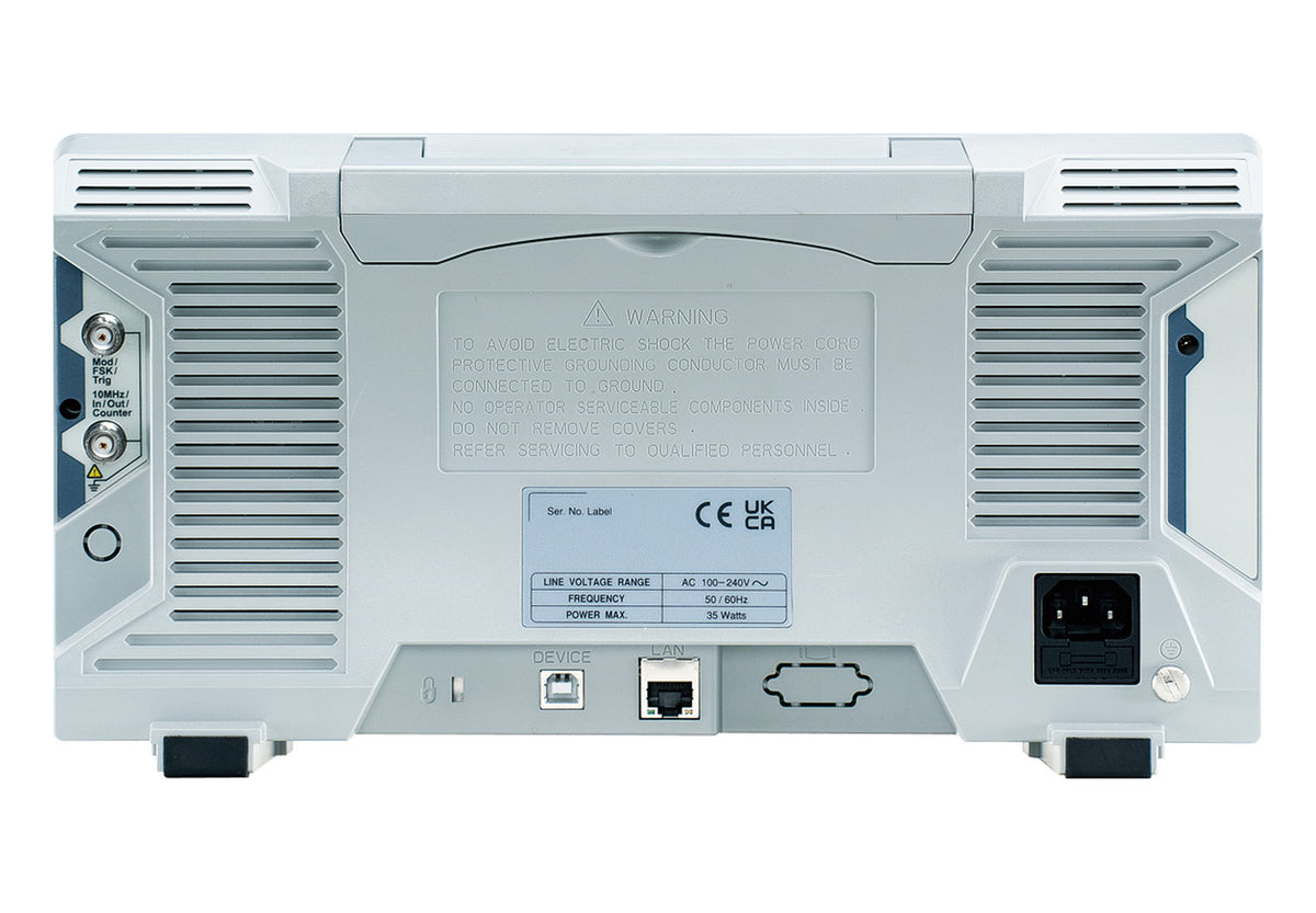 Panel trasero de un generador de funciones GW Instek de la serie AFG-4000, con puerto USB device, conector LAN, entradas BNC de modulación y disparo, y entrada de alimentación.
