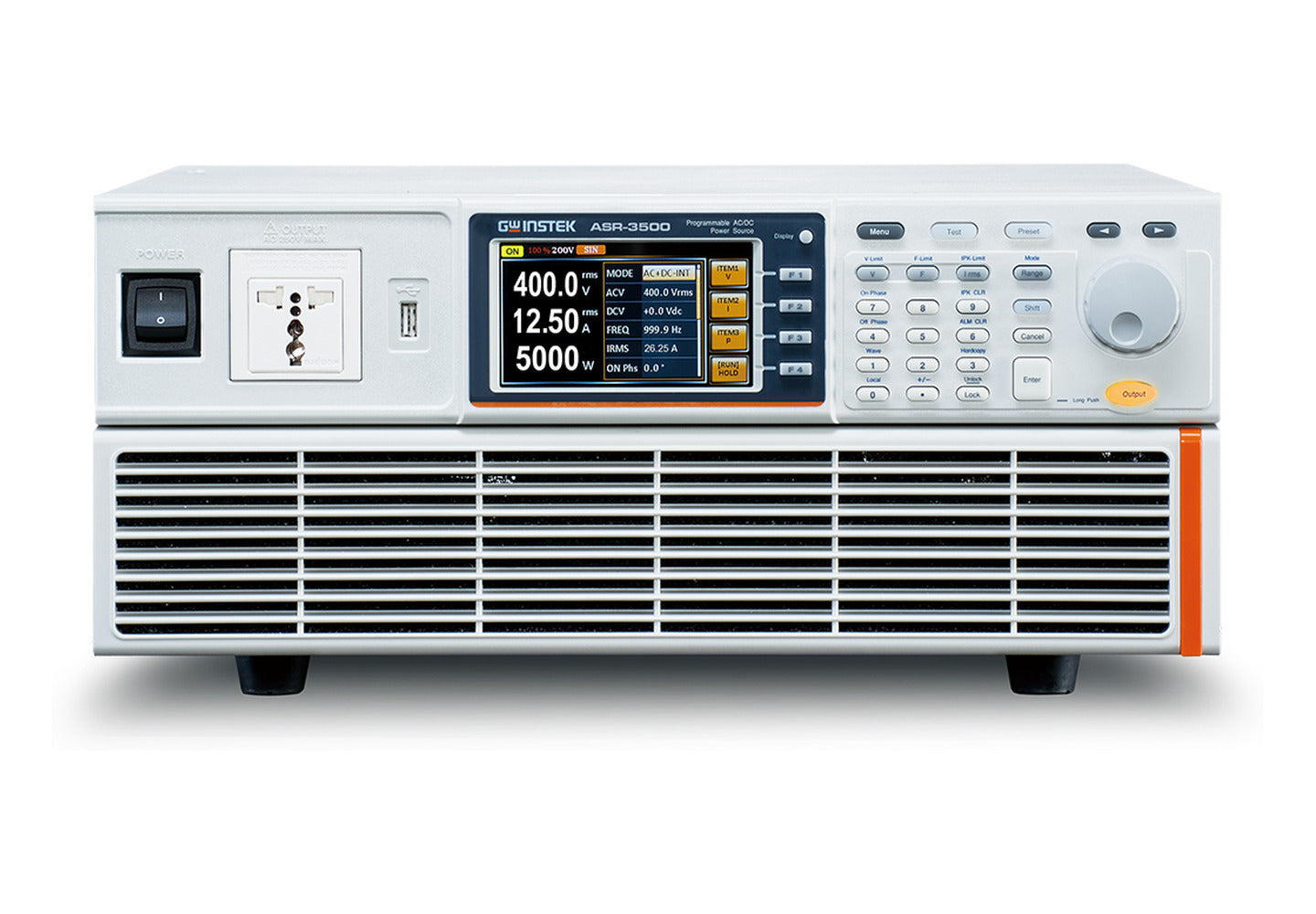 Fuente de poder AC/DC programable GW Instek ASR-3500 vista de frente, con la pantalla marcando 400 V, 12,5 A y 5.000 W, toma de salida AC universal en el frente y perilla de ajuste.