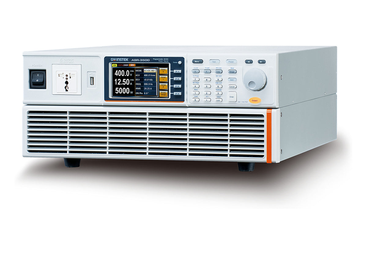 Fuente de poder AC/DC programable GW Instek ASR-3500 en vista de tres cuartos, que deja ver el fondo del gabinete de banco y el panel de control completo.