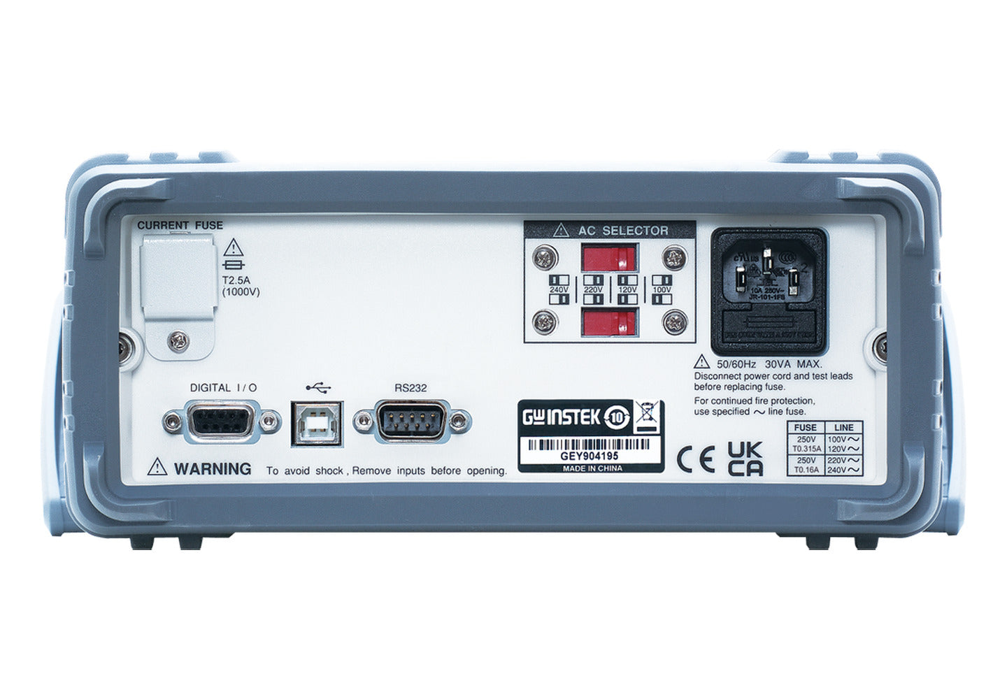 Panel trasero del multímetro de banco GW Instek GDM-9052, con puerto de entrada y salida digital, USB tipo B, RS-232, portafusible de corriente y selector de tensión de red.