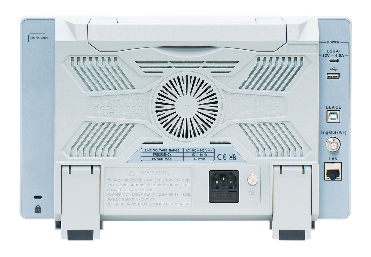 Panel trasero de un osciloscopio GW Instek de la serie GDS-2000HD, con ventilador central, conector LAN, puertos USB host y device, alimentación USB-C y salida BNC de disparo.