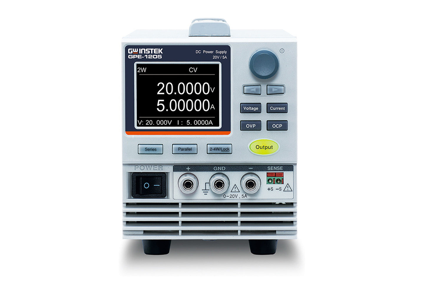 Fuente de poder DC de banco GW Instek GPE-1205 vista de frente, con la pantalla marcando 20 V y 5 A, perilla de ajuste y bornes de salida positivo, tierra y negativo.