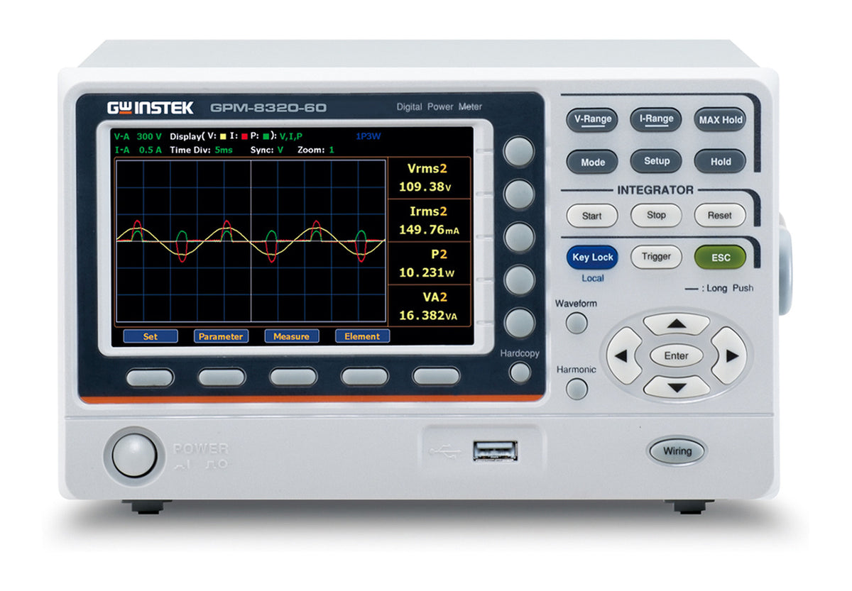 Medidor de potencia digital GW Instek GPM-8320-60 visto de frente, con pantalla a color de formas de onda, teclas de rango de tensión y corriente, y bloque de funciones de integración.