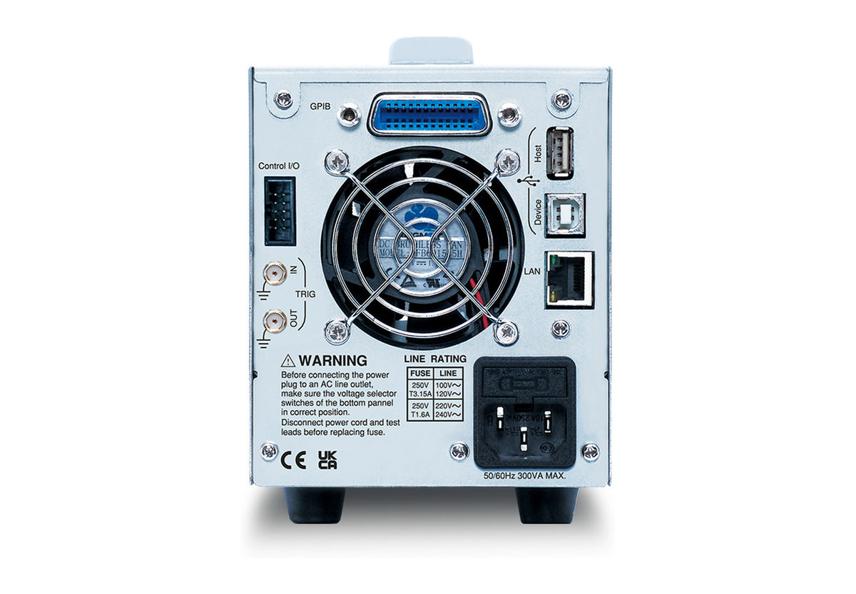 Panel trasero de una fuente de poder GW Instek de la serie GPP-1000, con ventilador, conector LAN, puertos USB host y device, entradas de disparo, conector de control y tarjeta GPIB opcional instalada.