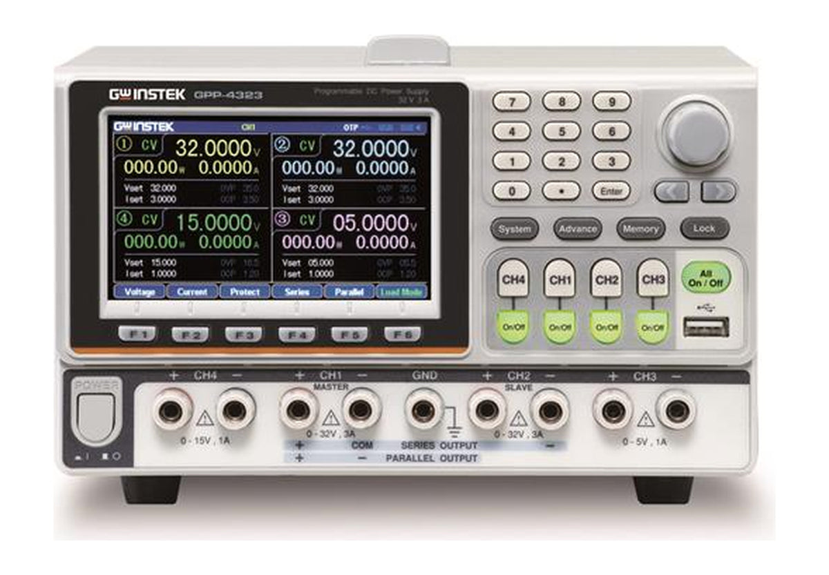 Fuente de poder DC programable GW Instek GPP-4323 de cuatro canales vista de frente, con los cuatro canales en la pantalla a color, teclado numérico, teclas CH1 a CH4 y los bornes de salida rotulados 0-32 V 3 A, 0-15 V 1 A y 0-5 V 1 A.