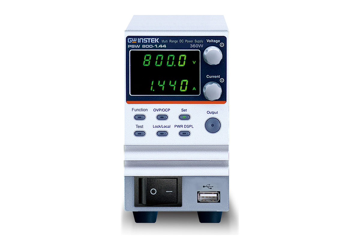 Fuente de poder DC conmutada GW Instek PSW 800-1.44 vista de frente, con el display verde marcando 800,0 V y 1,440 A, las perillas de tensión y corriente, las teclas de función y de protección OVP y OCP, y el interruptor de encendido con puerto USB en la base.