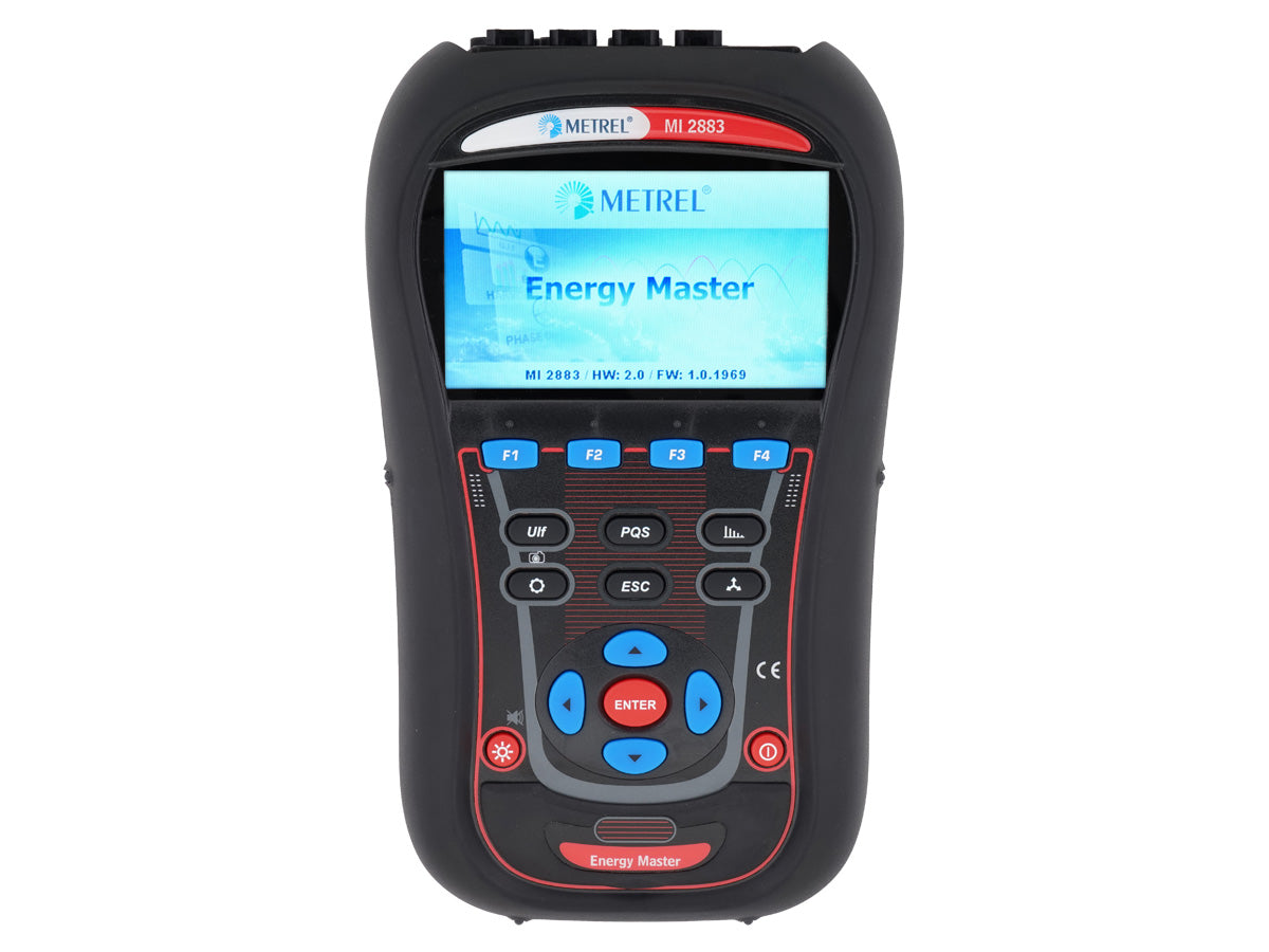 Analizador de calidad de energía Metrel MI 2883 Energy Master, vista frontal con la pantalla de inicio encendida y el teclado de funciones