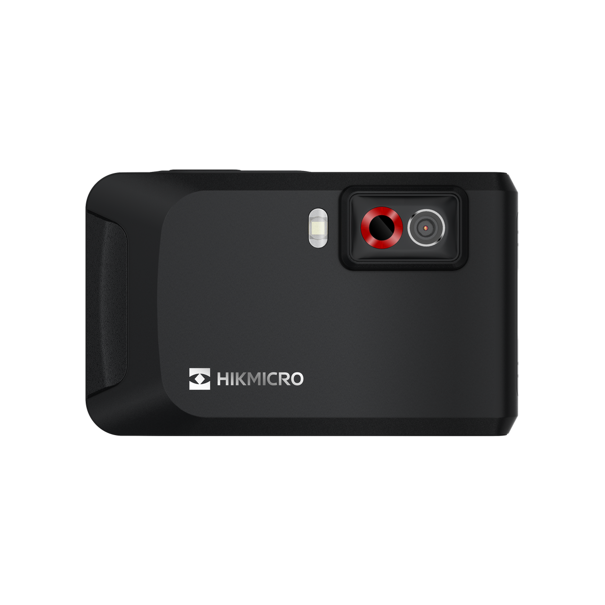 Cámara termográfica de bolsillo Hikmicro Pocket2 vista por detrás, con lente térmico de anillo rojo y linterna.
