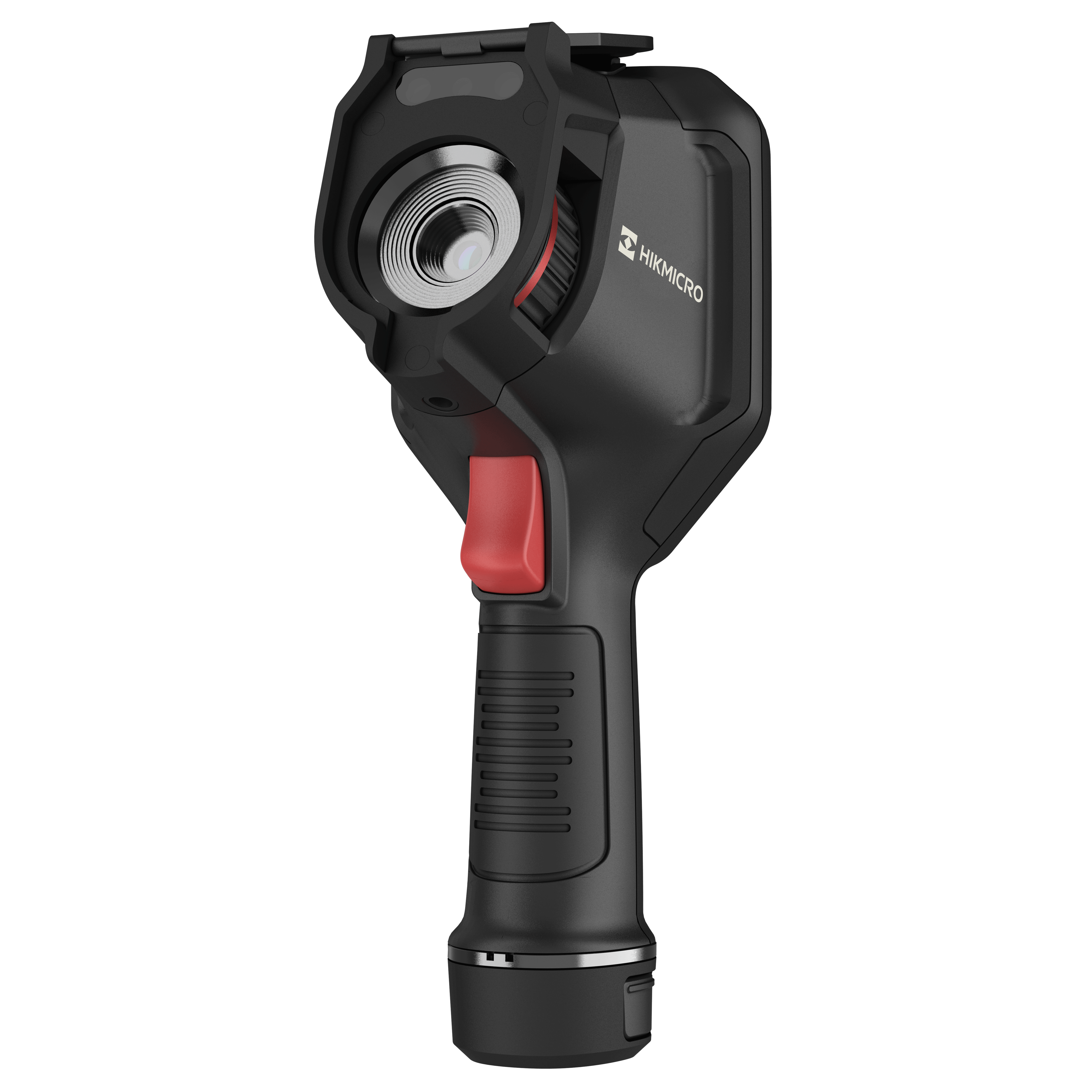 Cámara termográfica de pistola Hikmicro M20 vista de perfil, con el lente térmico y el gatillo rojo a la vista.