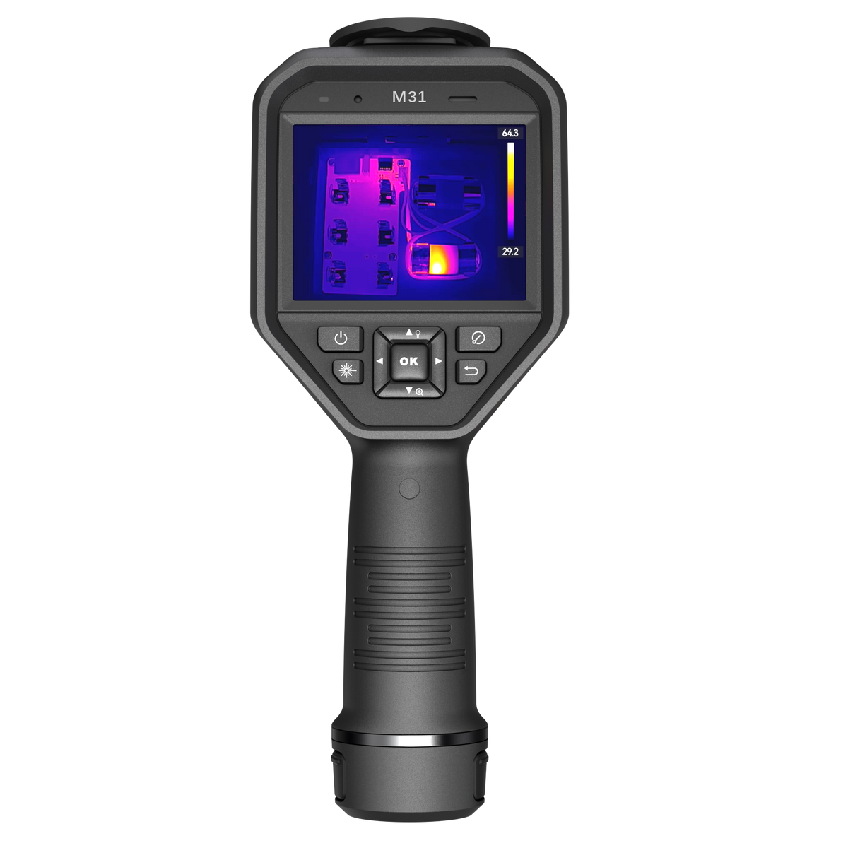 Cámara termográfica de pistola Hikmicro M31, con el termograma de un tablero eléctrico en pantalla.