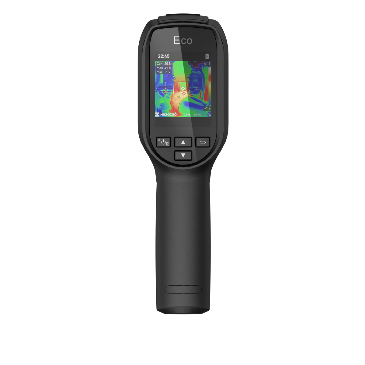 Cámara termográfica compacta Hikmicro Eco, con un termograma en paleta arcoíris en la pantalla.