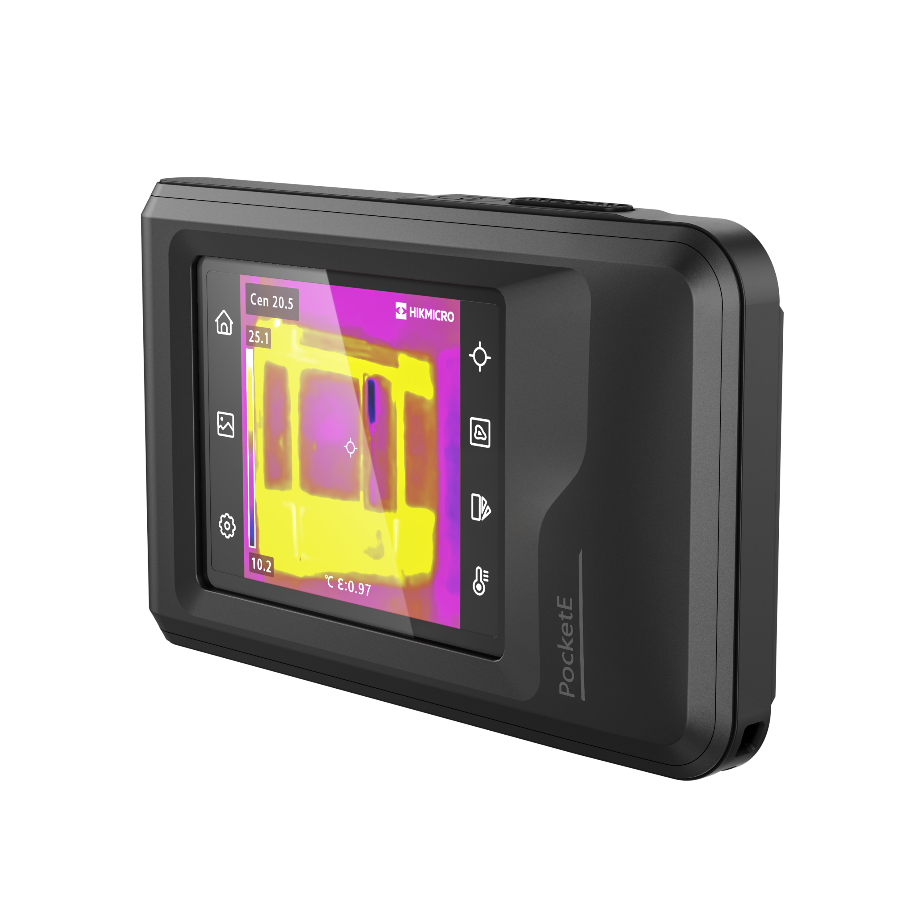 Cámara termográfica de bolsillo Hikmicro Pocket E, con termograma y menú táctil en la pantalla.
