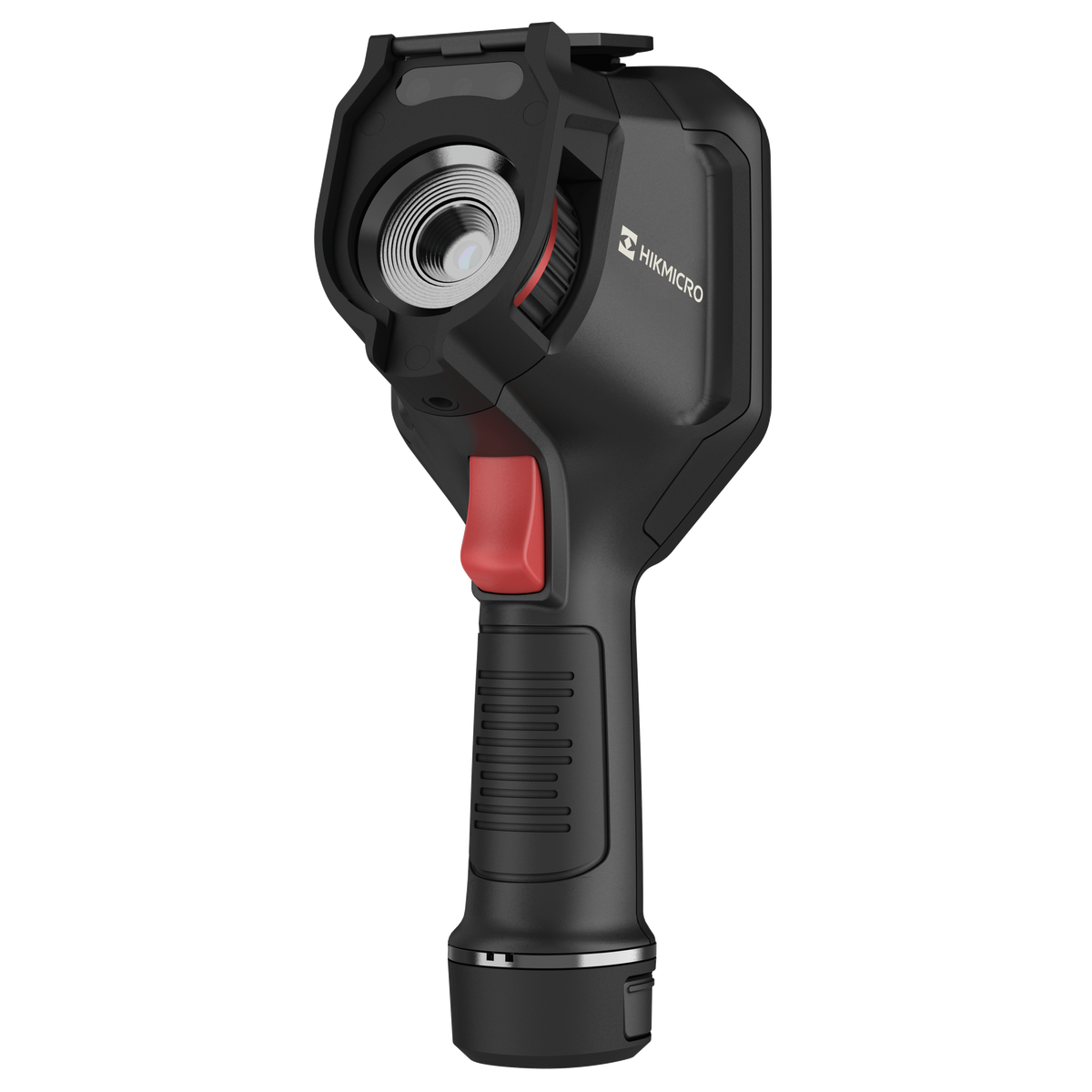 Cámara termográfica de pistola Hikmicro M60 vista de perfil, con el lente térmico y el gatillo rojo a la vista.