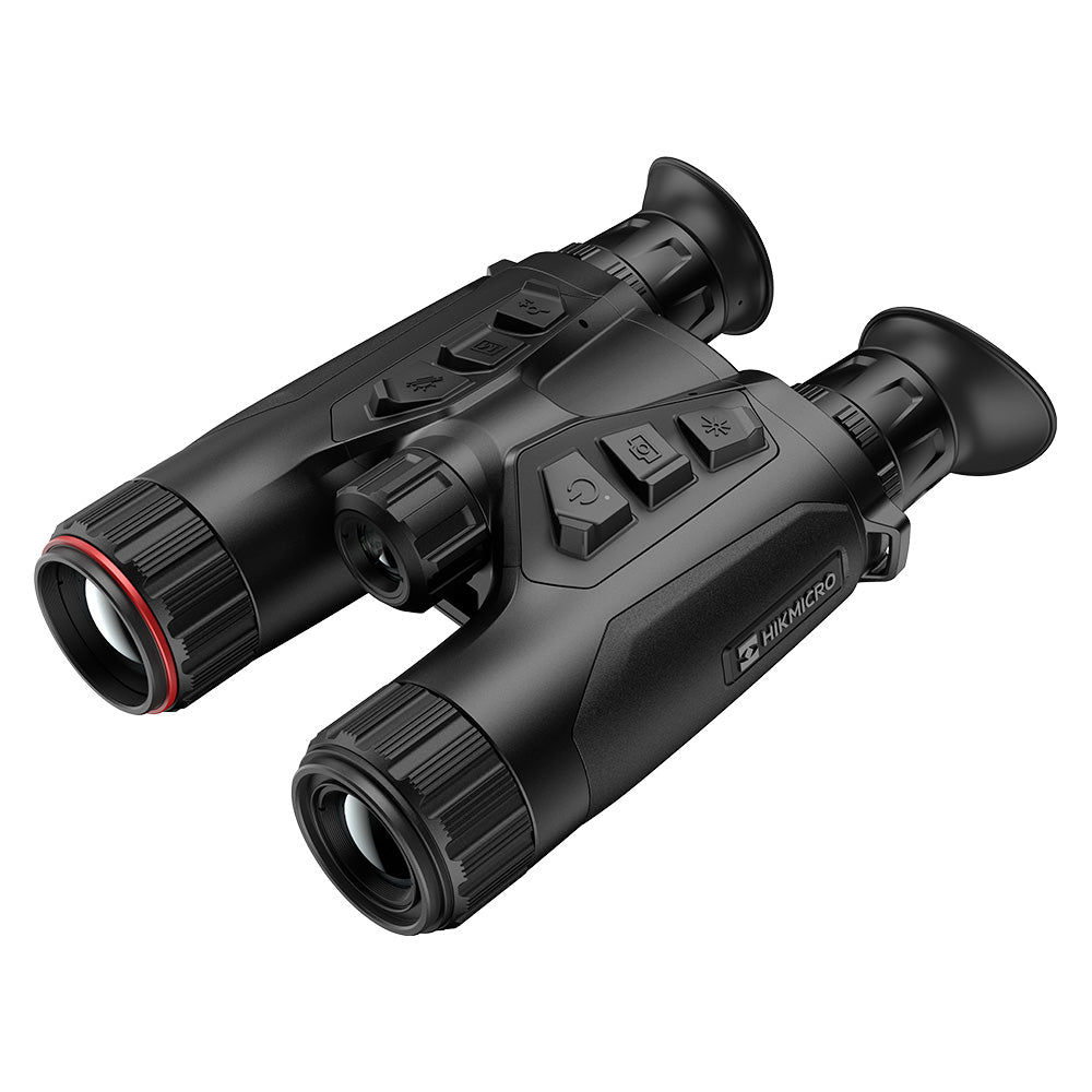 Binocular térmico multiespectral Hikmicro HH35LN en negro, con objetivo térmico de anillo rojo y oculares de goma.