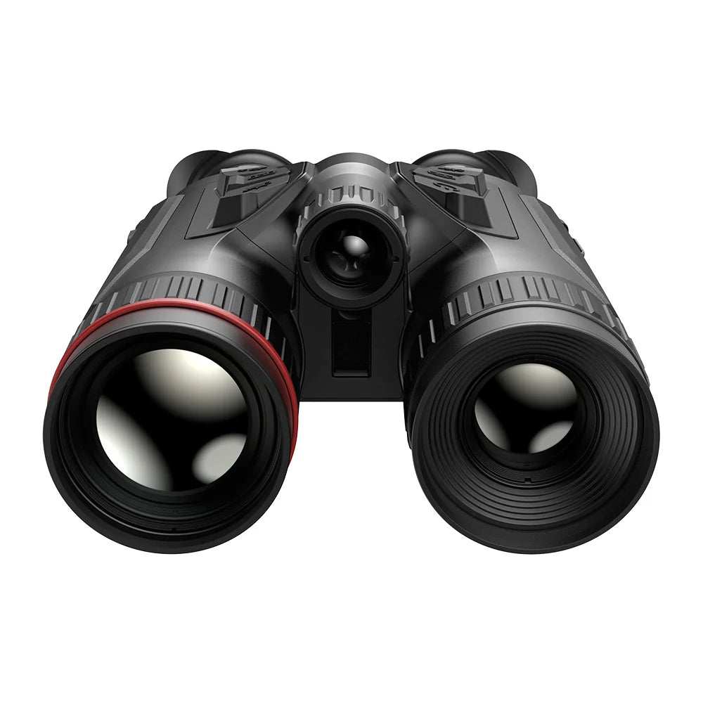 Vista frontal del binocular Hikmicro HQ50L: los dos lentes delanteros y, entre ellos, el emisor infrarrojo desmontable.