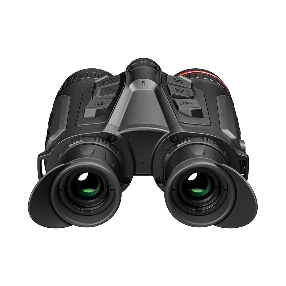 Vista trasera del binocular Hikmicro HQ50L, con los dos oculares de goma plegables y la botonera superior.