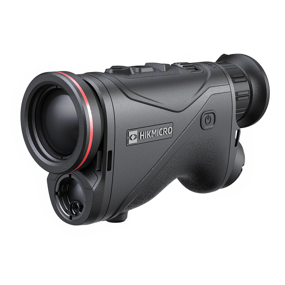 Monocular térmico Hikmicro CQ35L 2.0, con objetivo de anillo rojo, telémetro láser y ocular de goma ajustable.