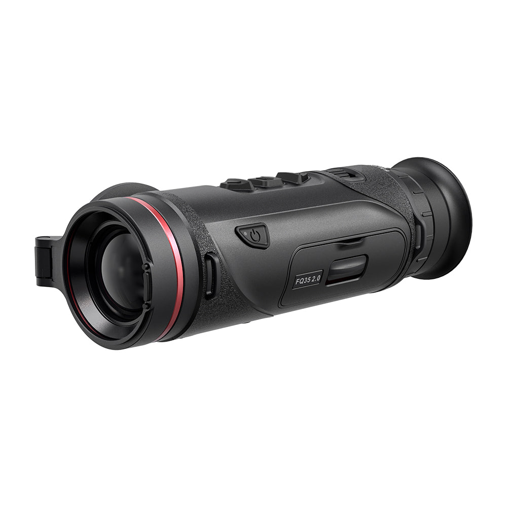 Monocular térmico Hikmicro FQ35 2.0, con objetivo de anillo rojo, tapa abatible y ocular de goma.