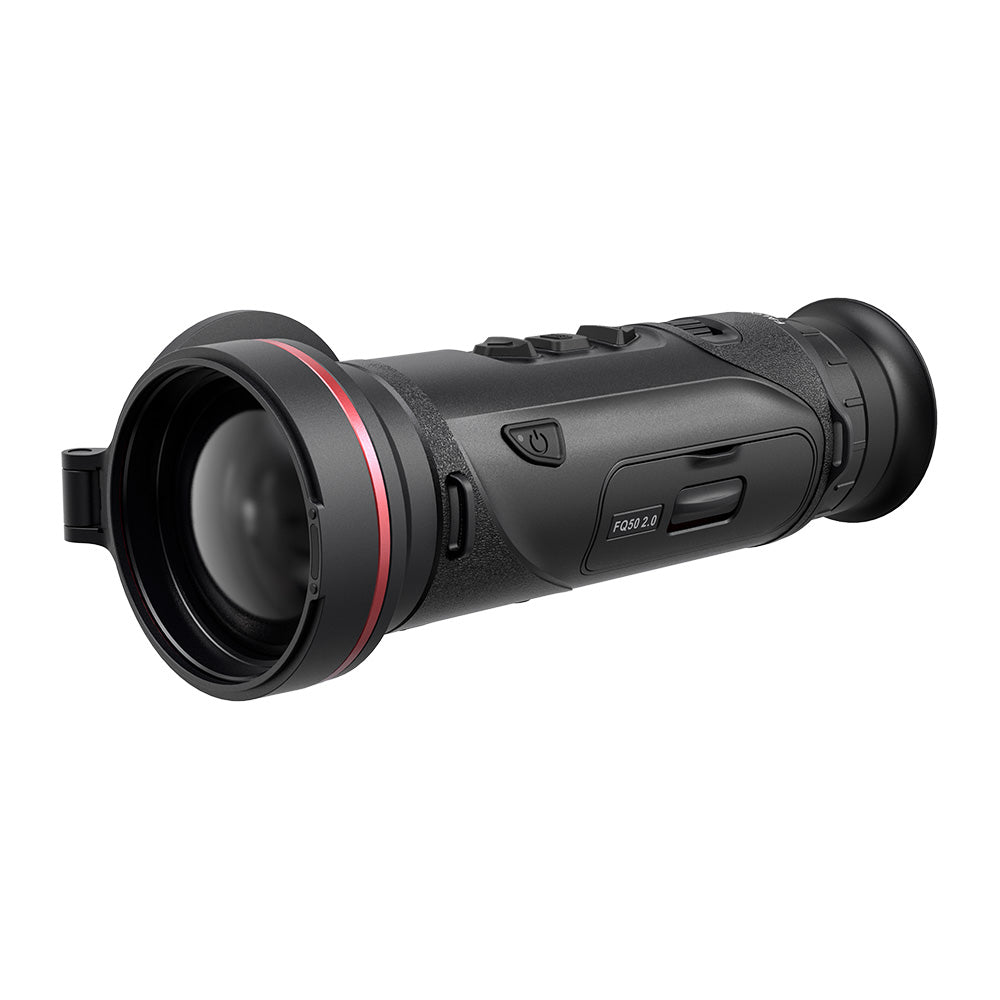 Monocular térmico Hikmicro FQ50 2.0, con objetivo grande de anillo rojo, tapa abatible y ocular de goma.