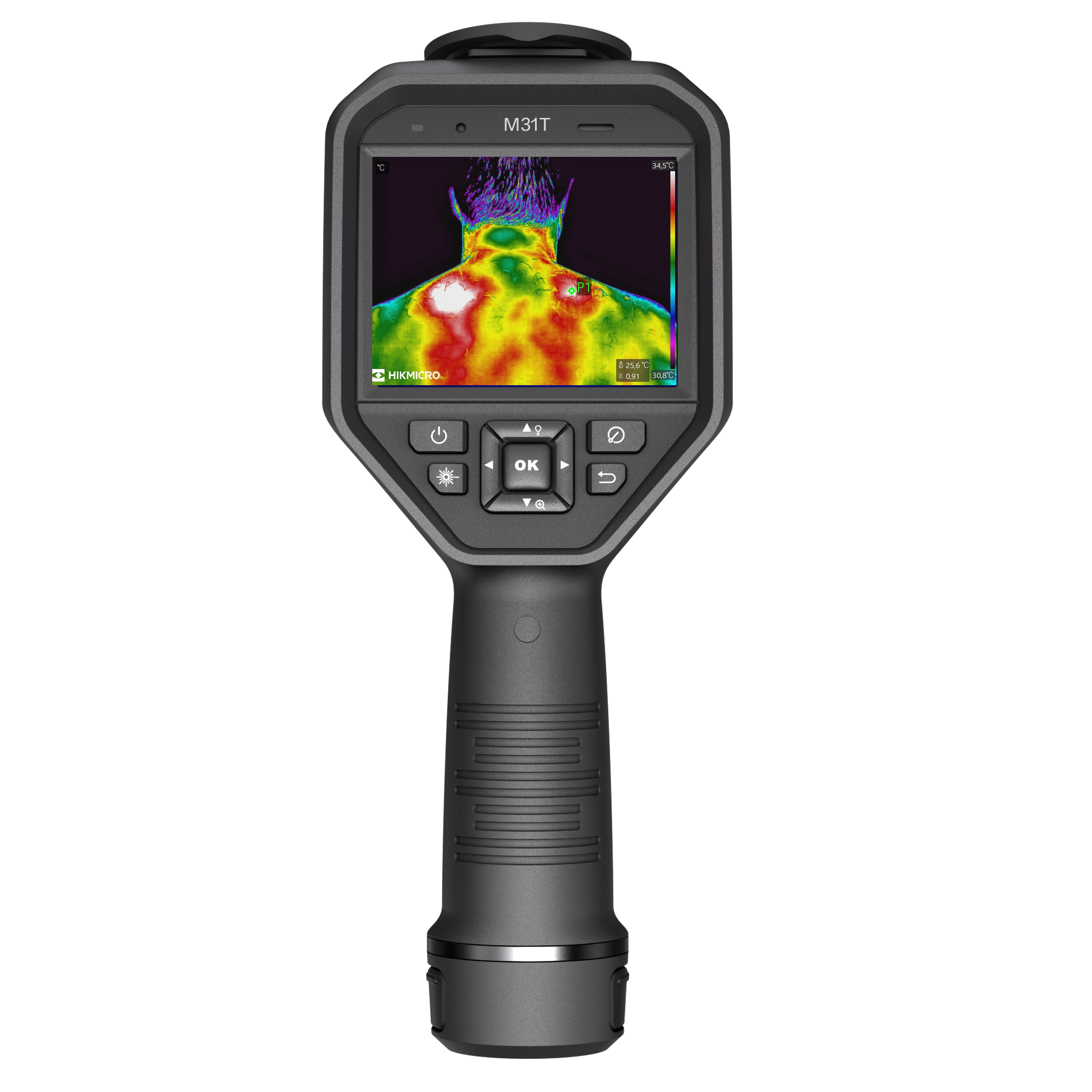 Cámara termográfica Hikmicro M31T, con el termograma de la espalda de una persona en pantalla y lectura de 34,5 grados.