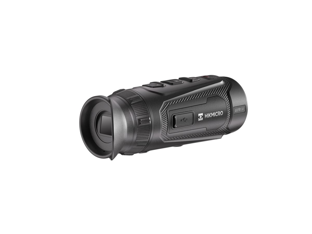 Monocular térmico Hikmicro LE10 3.0 de la línea Lynx, visto por el ocular de goma, con anillo de dioptría.