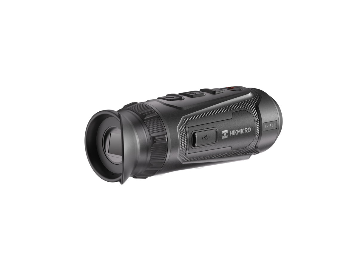 Monocular térmico Hikmicro LH15 3.0 de la línea Lynx, visto por el ocular de goma, con puerto USB en el costado.