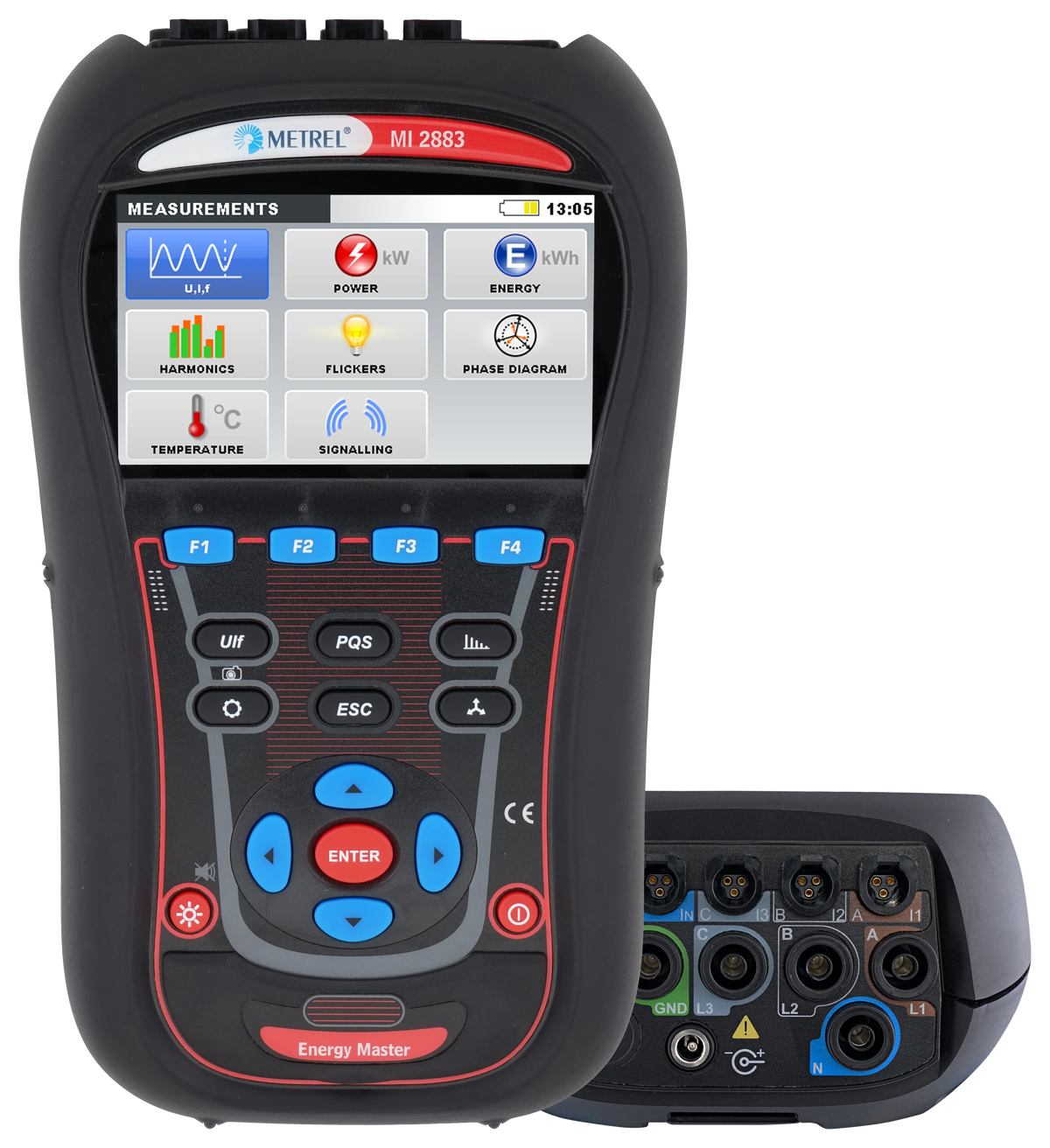 Metrel MI 2883 Energy Master con el menú de mediciones en pantalla, junto al detalle del panel de terminales de tensión y corriente codificados por color