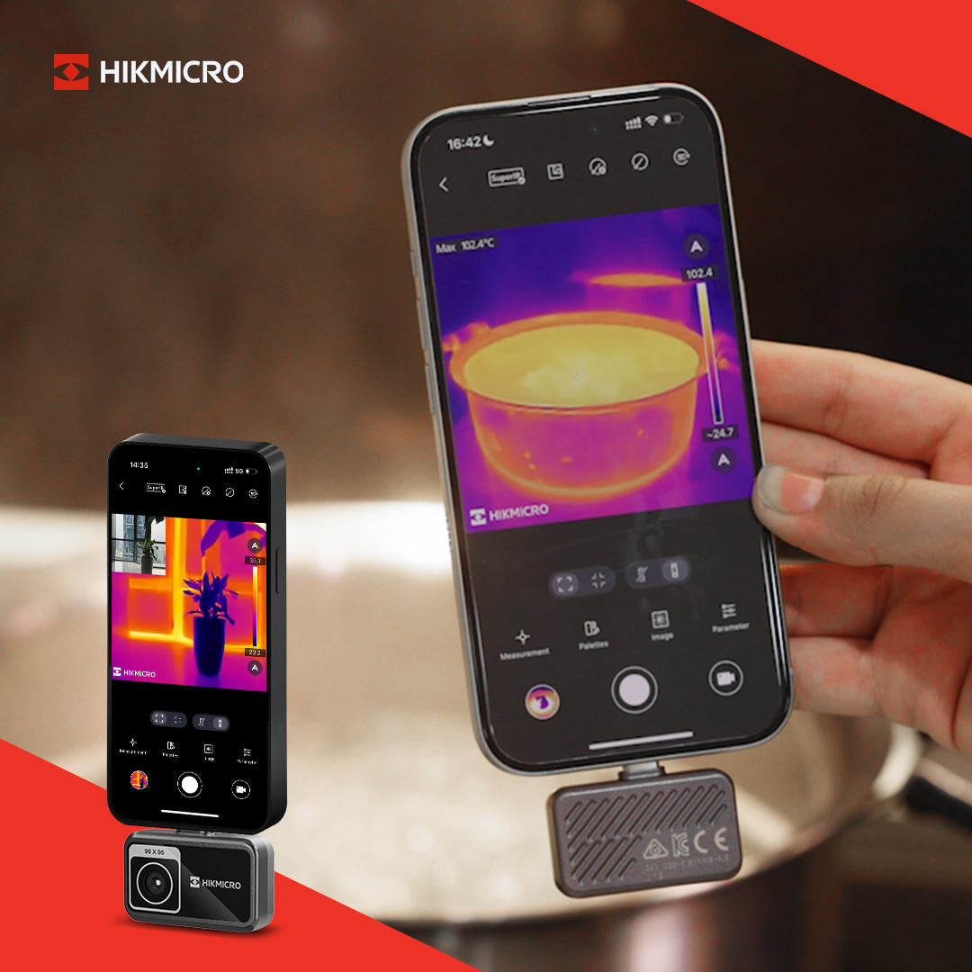 MiniE · Cámara térmica para smartphone · 96×96 px · -20 a 400 °C