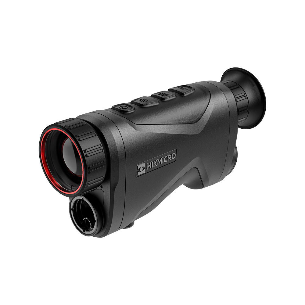 Monocular térmico Hikmicro CH35L en negro, con objetivo de anillo rojo y telémetro láser bajo la óptica.